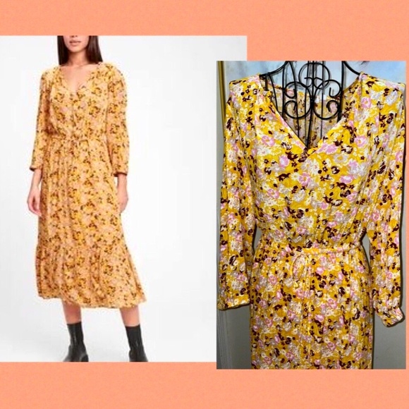 GAP "THREE QUARTER SLEEVE FLUTTER DRESS~ GOLD FLORAL PRINT~DRAWSTRING WAIST~MED. - Picture 5 of 6
